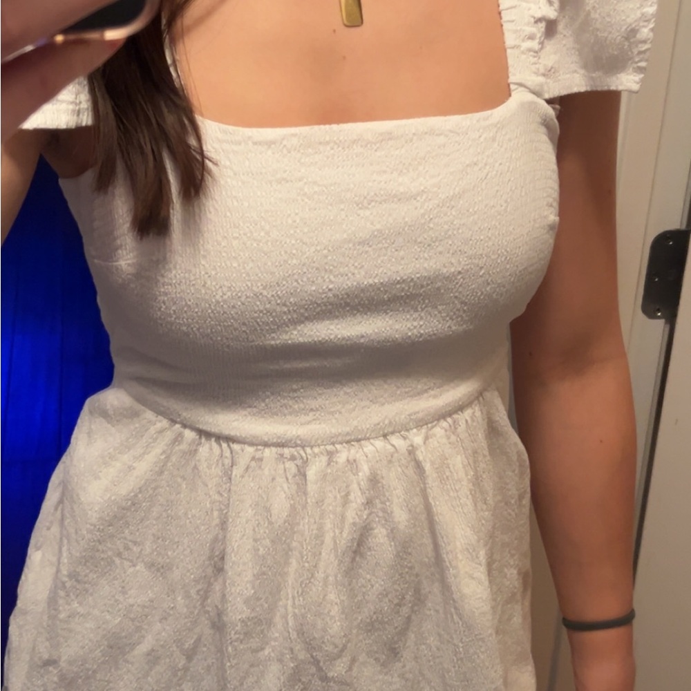White Textured Square Neck Dress